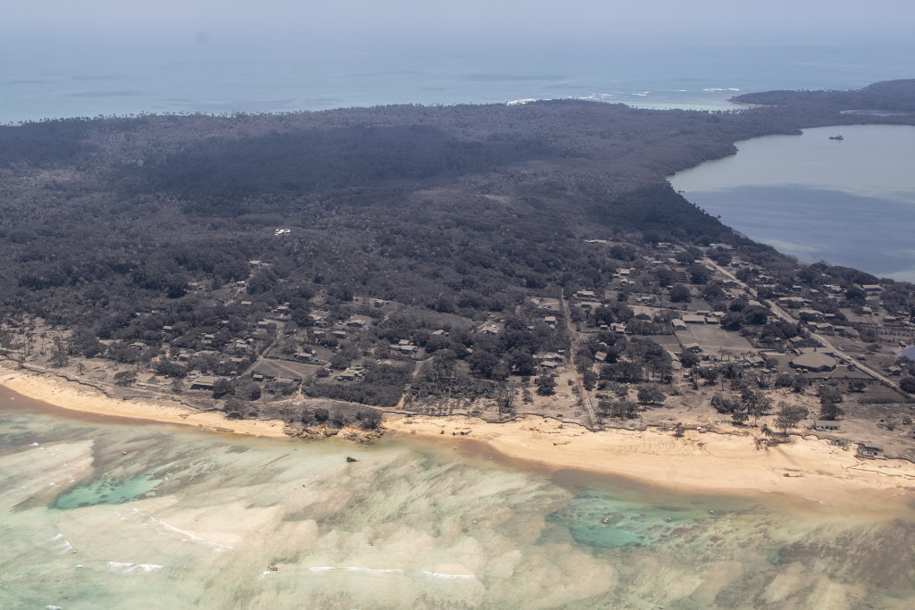 An aerial view of Tonga's Nomuka Island covered in ash after the volcano and tsunami. Photo: NZ Defense Force 